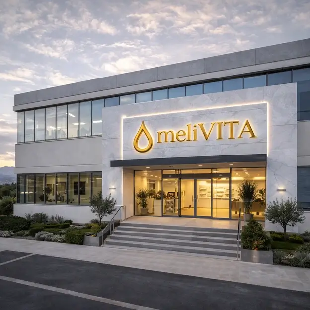 Κεντρικές εγκαταστάσεις / έδρα MeliVITA σε σύγχρονο κτήριο με φωτεινή σήμανση