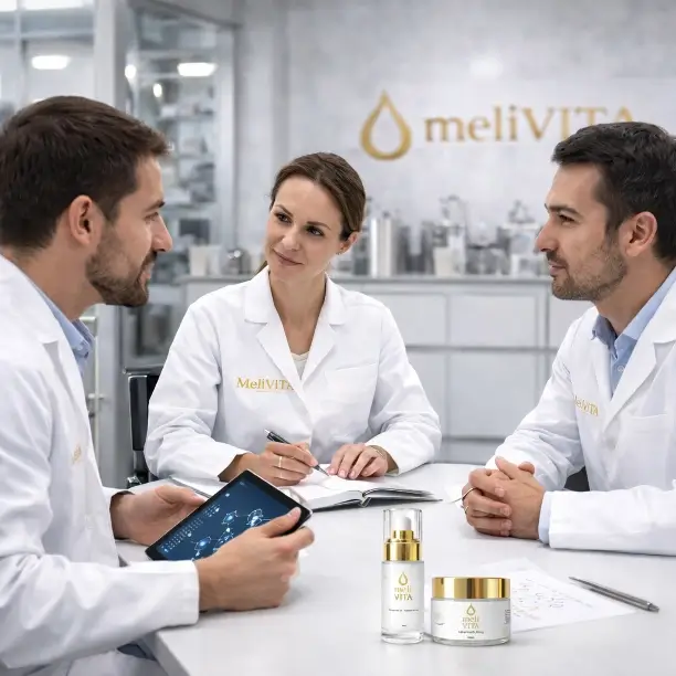 Ομάδα επιστημόνων MeliVITA σε συνάντηση ανάπτυξης φόρμουλας σε εργαστήριο, με προϊόντα στο προσκήνιο