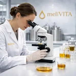 Ερευνητής MeliVITA σε μικροσκόπιο, εργαστηριακή αξιολόγηση δραστικών συστατικών